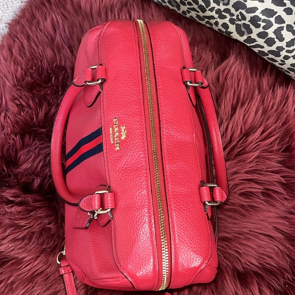 COACH Red Pebble Leather Handbag Satchel Shoulder strap Custom details Stripe - Picture 7 of 11